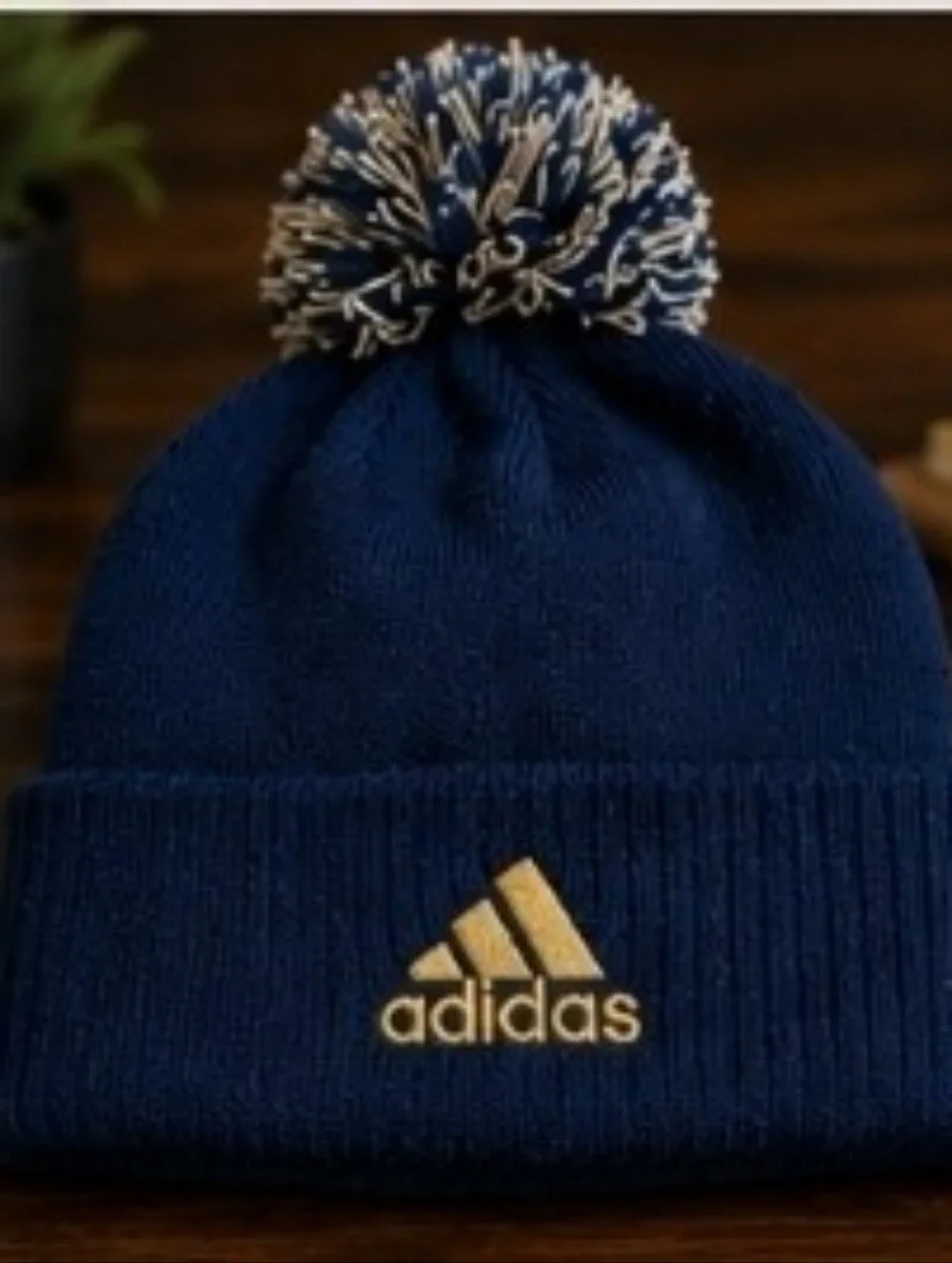 Navy Pom Georgia Tech Adidas Beanie Hat with Patch - Men Accessories